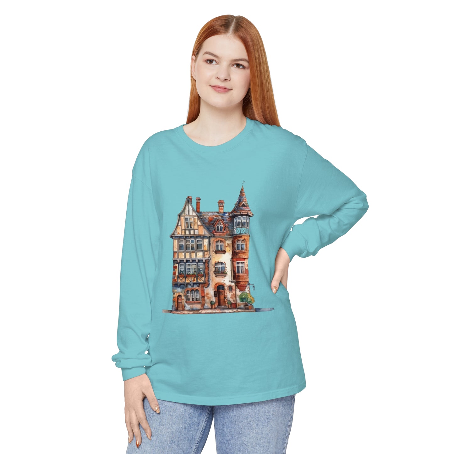 Unisex Garment-dyed Long Sleeve T-Shirt - Charming British House - Classic Design and Warmth