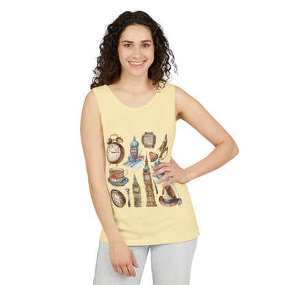 Unisex Garment-Dyed Tank Top - Iconic England Landmarks Illustration Print