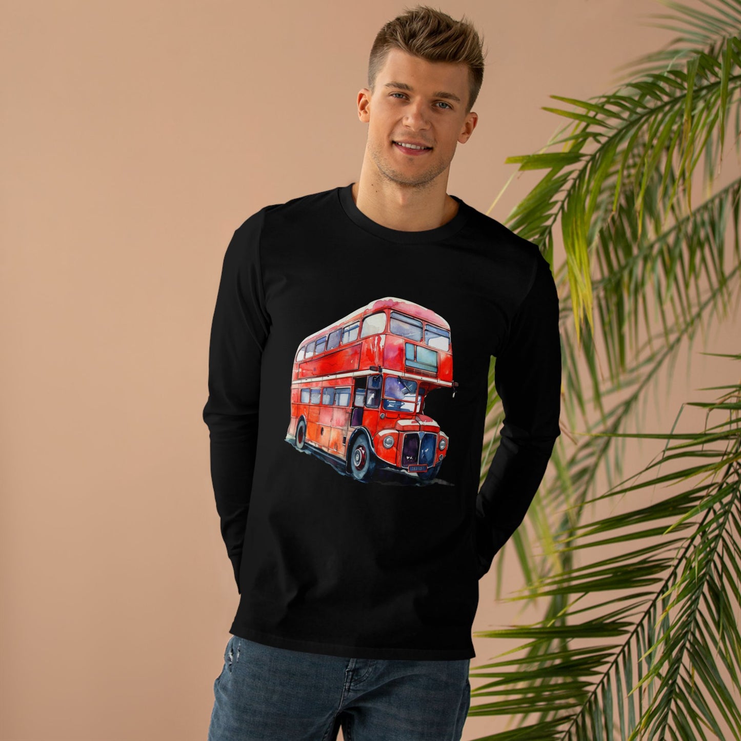 Men’s Base Longsleeve Tee - London Transport English Bus - Iconic Red Double-Decker