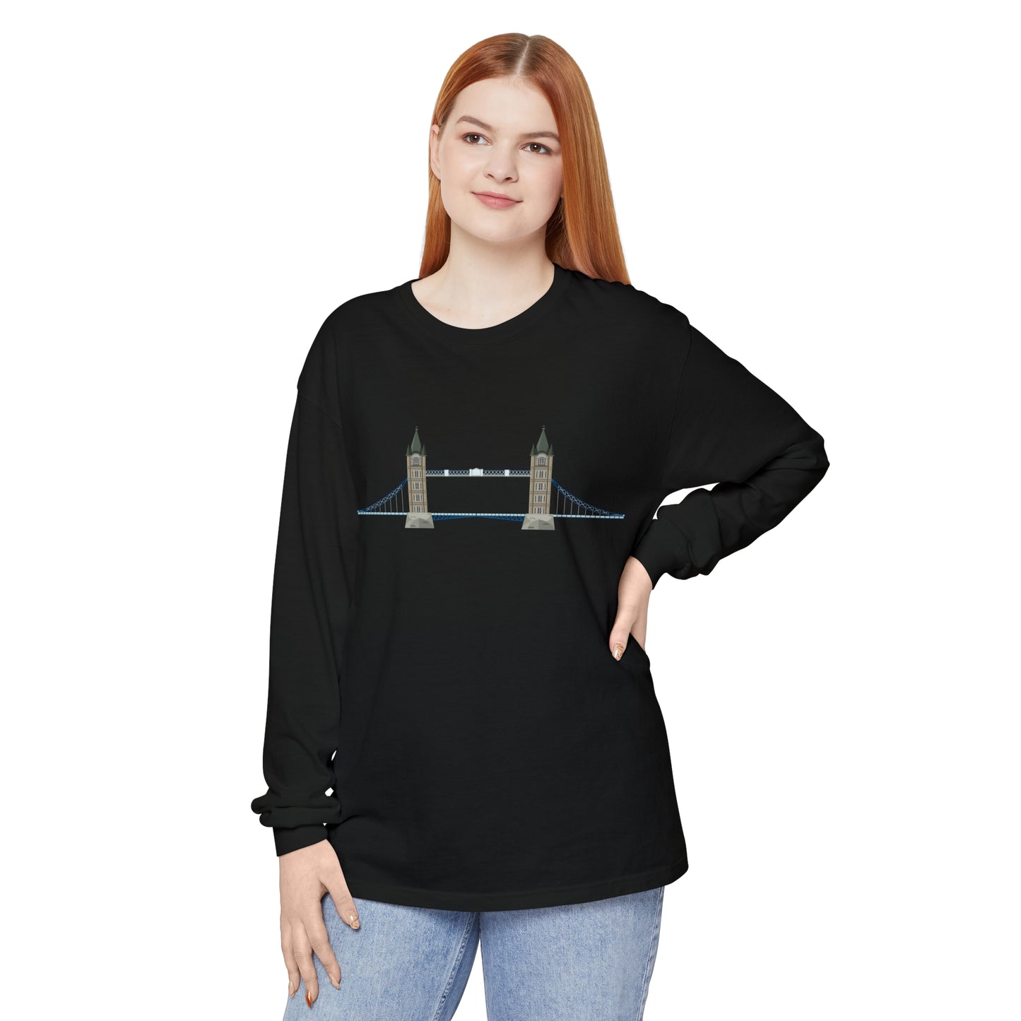 Unisex Garment-dyed Long Sleeve T-Shirt - Tower Bridge - Iconic London Landmark Illustration