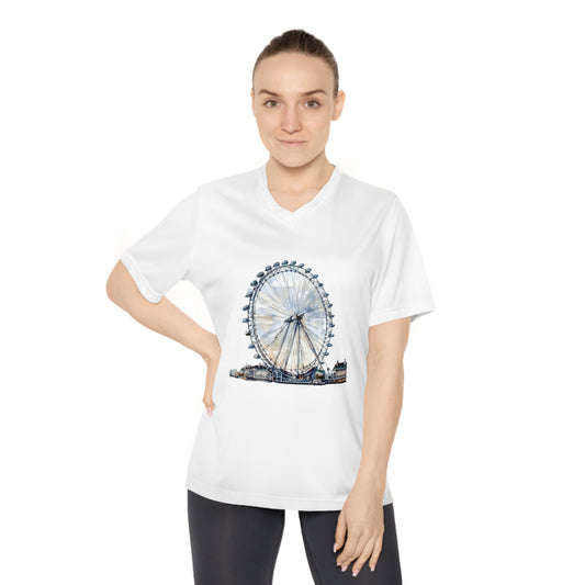 Women's V-Neck Performance T-Shirt - London Ferris Wheel Design