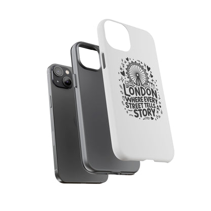 London Story Phone Case, Tough iPhone Cover, Gift for Travelers, London Souvenir, Black Typography Design