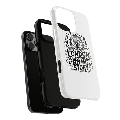 London Story Phone Case, Tough iPhone Cover, Gift for Travelers, London Souvenir, Black Typography Design