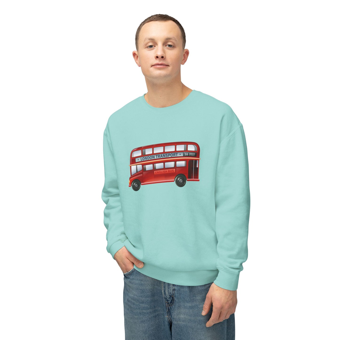 Unisex Lightweight Crewneck Sweatshirt - London Transport English Bus - Iconic Red Double-Decker Bus