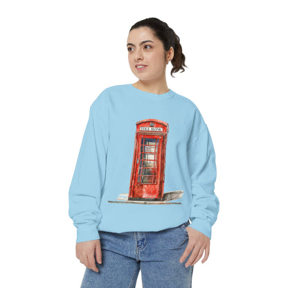 Unisex Garment-Dyed Sweatshirt - Iconic British Public Telephone - Classic Red Phone Box Design