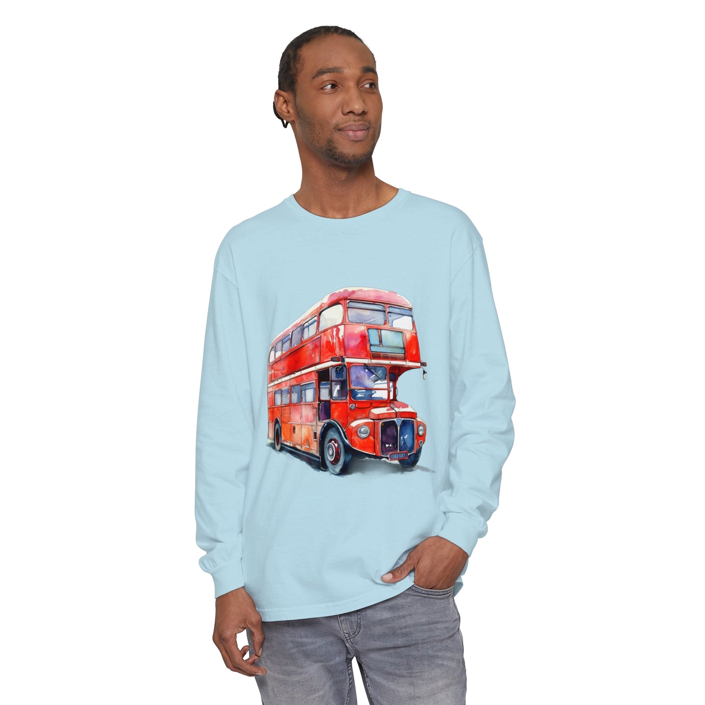 Unisex Garment-dyed Long Sleeve T-Shirt -  London Transport English Bus - Iconic Red Double-Decker