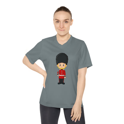 Women's Performance V-Neck T-Shirt - Cartoon Guard Design - British Royal Guard - Iconic Symbol of Tradition and Honor