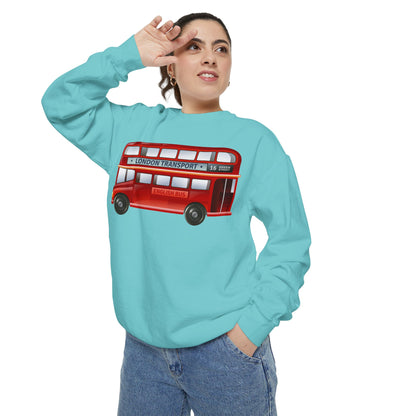 Unisex Garment-Dyed Sweatshirt - City on Wheels - The Classic British Red Bus