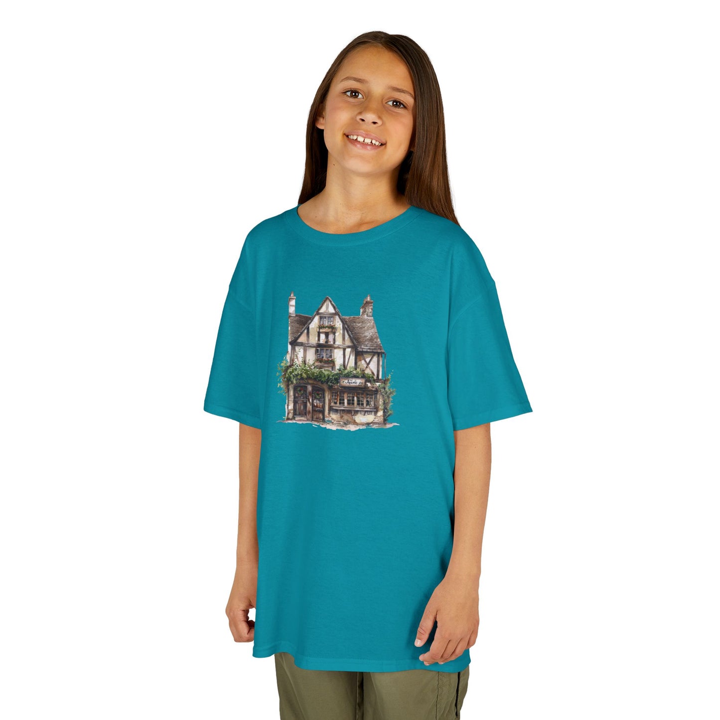 Kids Heavy Cotton Tee - Rustic Vintage England House Artwork - Perfect Gift for Young Dreamers