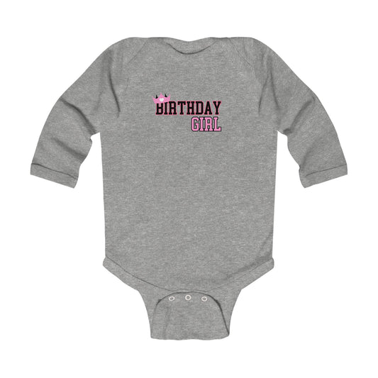 Birthday Girl Infant Long Sleeve Bodysuit - Cute Gray Onesie for Celebrating Special Moments