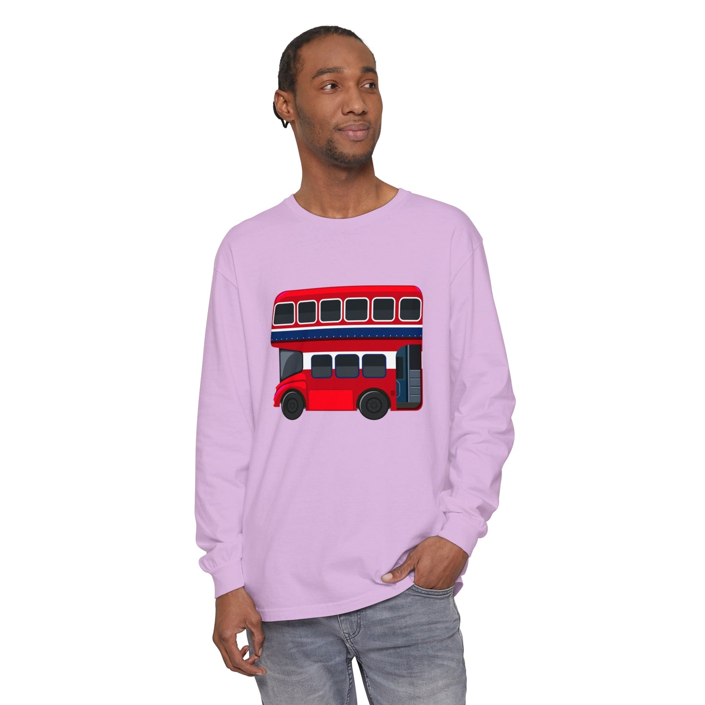 Unisex Garment-dyed Long Sleeve T-Shirt -  London Transport English Bus - Iconic Red Double-Decker