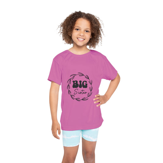 Kids Sports Jersey - Cute Big Sister Sublimation Graphic - Pink Athletic Tee for Active Girls