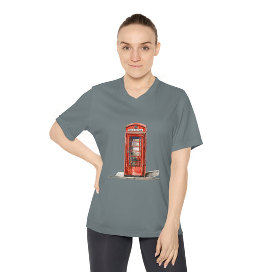 Women's Performance V-Neck T-Shirt - Iconic British Public Telephone - Classic Red Phone Box Design - London Red Phone Booth