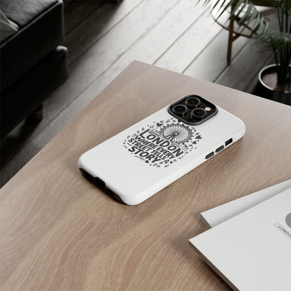 London Story Phone Case, Tough iPhone Cover, Gift for Travelers, London Souvenir, Black Typography Design