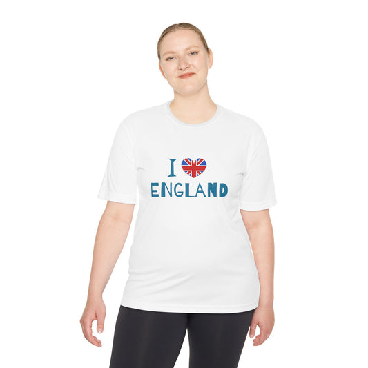 Unisex Moisture Wicking Tee - I Love England - Union Jack Heart Design