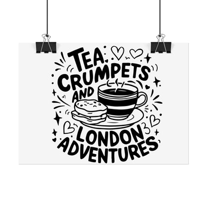 London Adventure Tea Crumpet Rolled Poster, Cute Wall Art, Gift for Tea Lovers, Home Decor, Travel Enthusiasts
