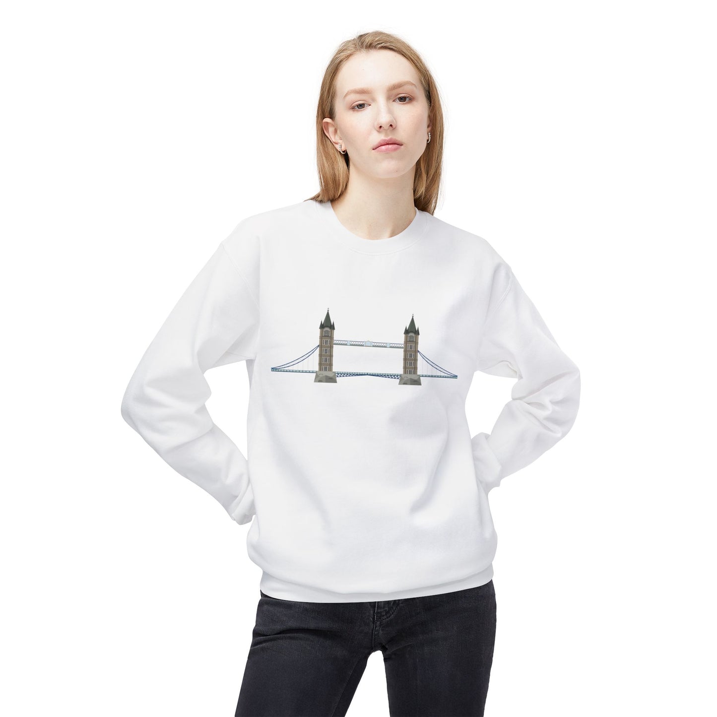 Unisex Midweight Softstyle Fleece Crewneck Sweatshirt - Tower Bridge - Iconic London Landmark Illustration