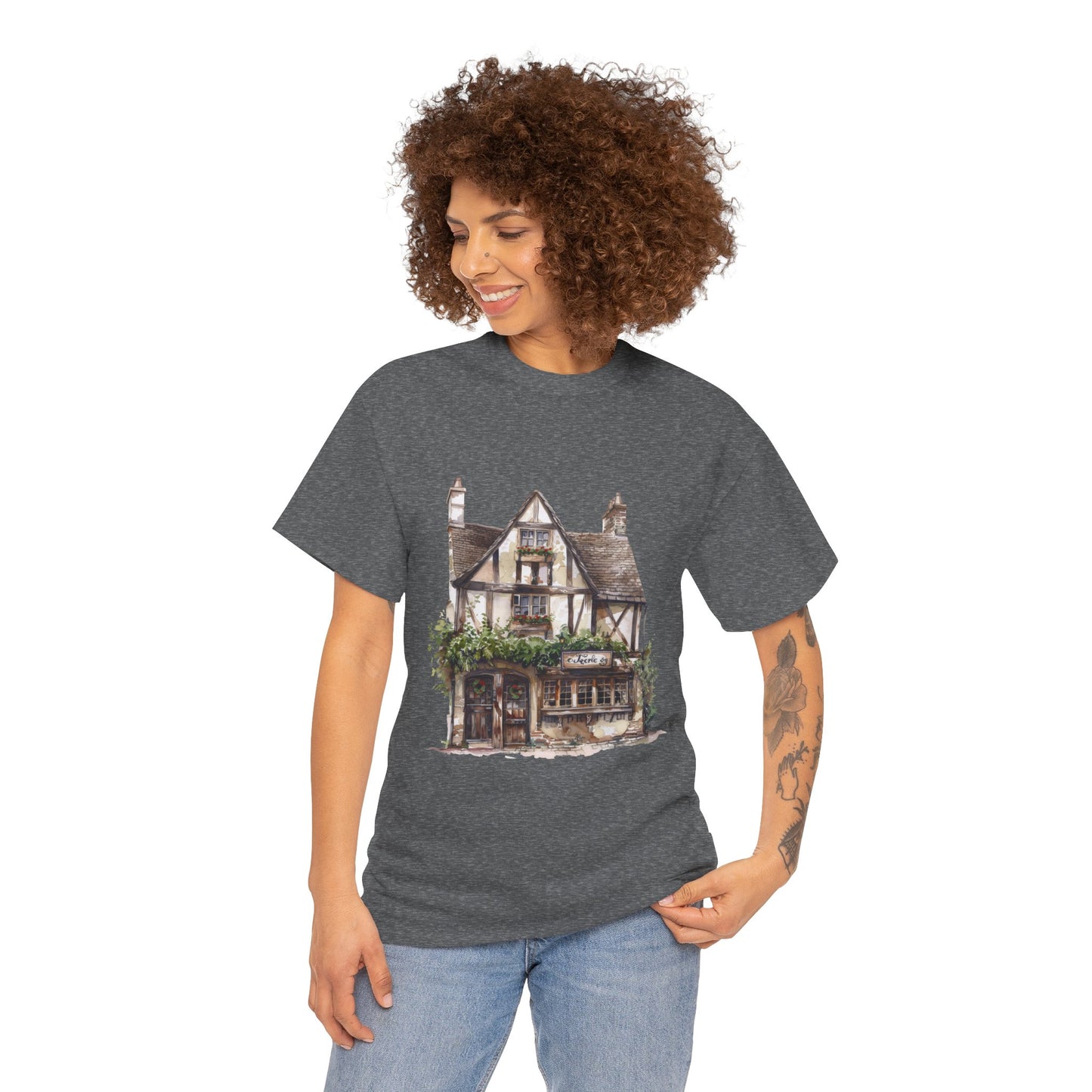 Unisex Heavy Cotton Tee - Cottages & Cobblestones - A British Village Dream