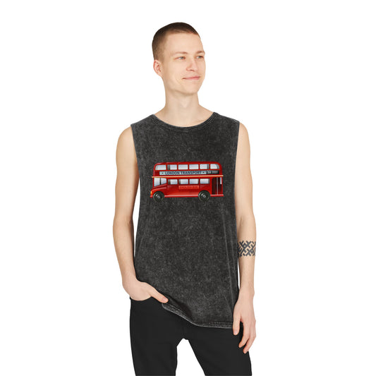 Unisex Stonewash Tank Top - London Transport English Bus - Iconic Red Double-Decker