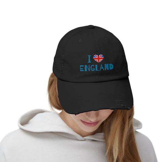 Unisex Distressed Cap - I Love England, Casual Hat for Travel, UK Pride Merchandise, Gift for England Lovers, Vintage Style Cap