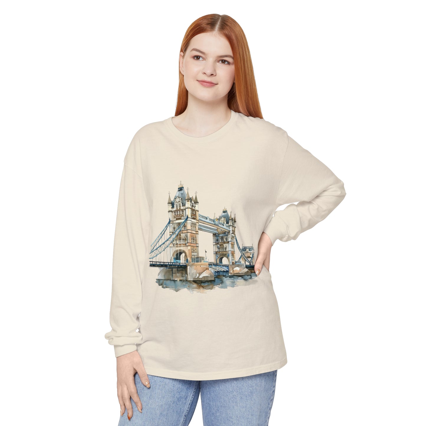 Unisex Garment-dyed Long Sleeve T-Shirt - London Bridge - Iconic Landmark and Historical Beauty