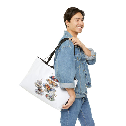 Elegant Tea Party Weekender Tote Bag, Stylish Beach Bag, Gift for Tea Lovers, Spring Picnic Accessory, Floral Design Carryall