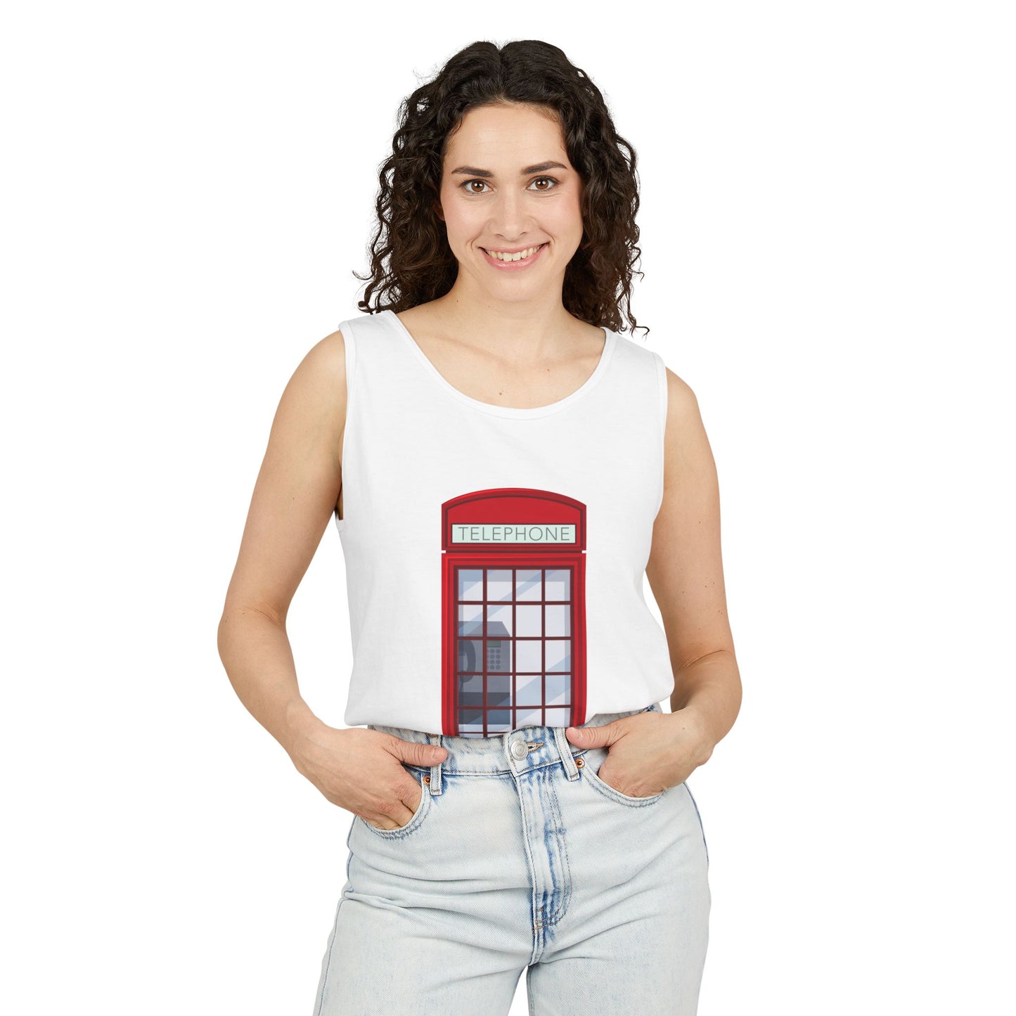 Unisex Garment-Dyed Tank Top - Iconic British Public Telephone - Classic Red Phone Box Design