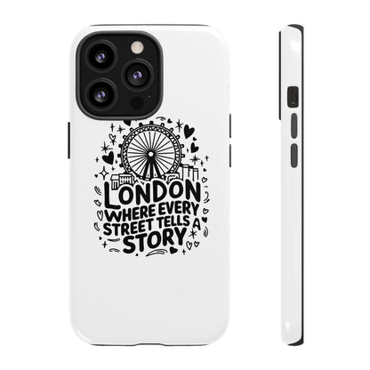 London Story Phone Case, Tough iPhone Cover, Gift for Travelers, London Souvenir, Black Typography Design