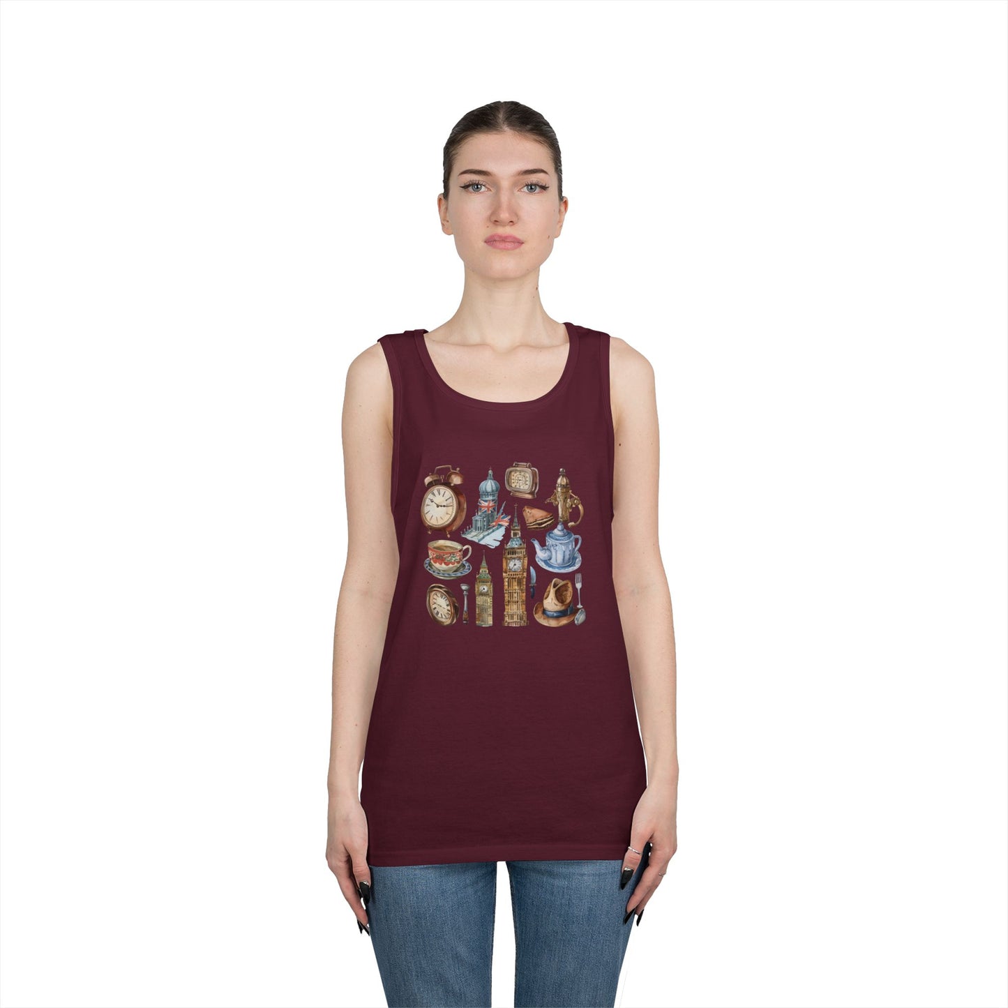 Unisex Heavy Cotton Tank Top - England Travel Icons Artistic Print