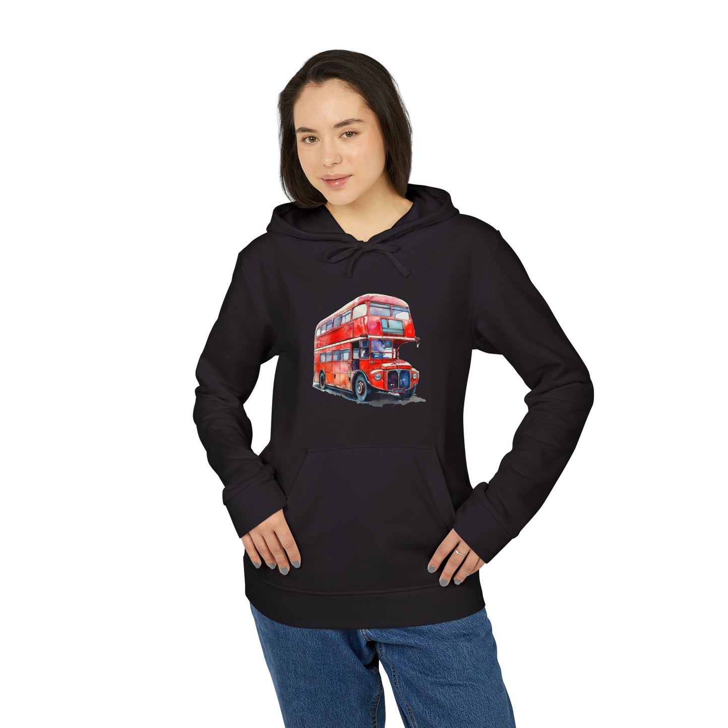 Adidas Unisex Fleece Hoodie - Vintage Red Bus Design - Cozy Streetwear