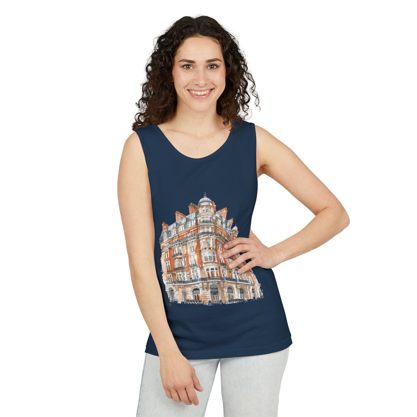 Unisex Garment-Dyed Tank Top - British Vintage Building - Architectural Charm