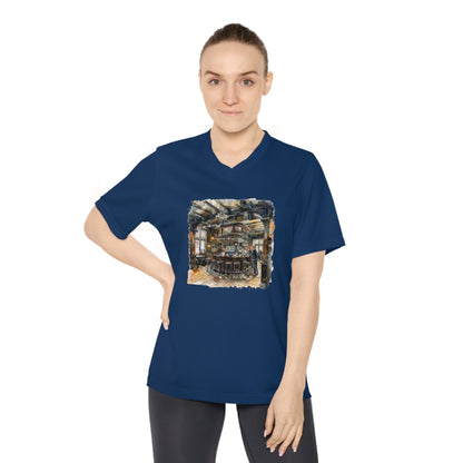 Women's Performance V-Neck T-Shirt - Rustic Bar Interior Watercolor Painting