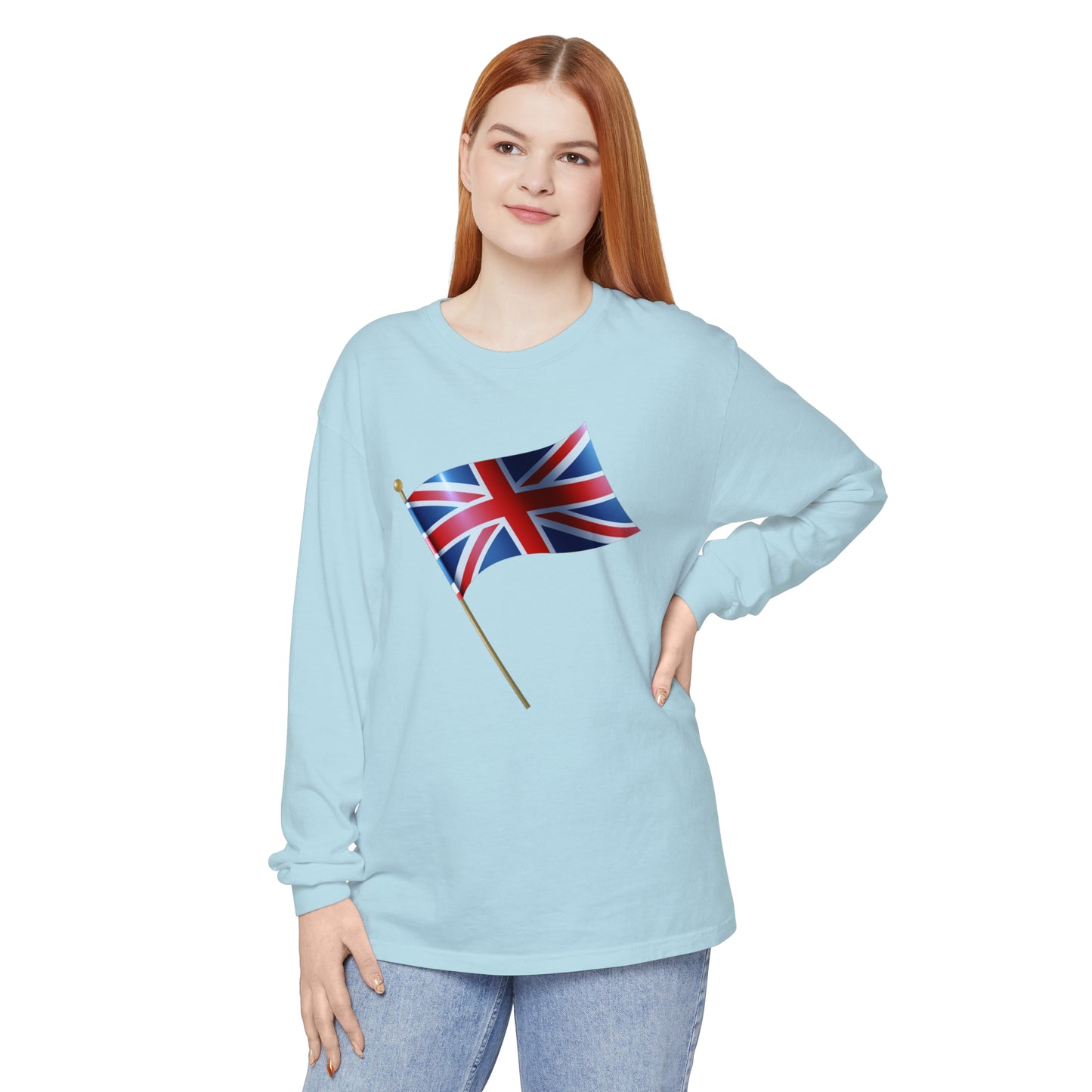 Unisex Garment-dyed Long Sleeve T-Shirt - Classic UK Flag Design - Union Jack Symbol