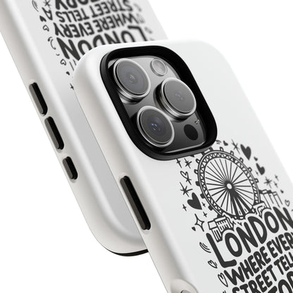 London Story Phone Case, Tough iPhone Cover, Gift for Travelers, London Souvenir, Black Typography Design