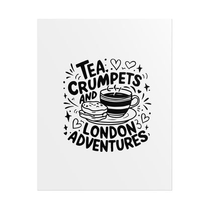London Adventure Tea Crumpet Rolled Poster, Cute Wall Art, Gift for Tea Lovers, Home Decor, Travel Enthusiasts