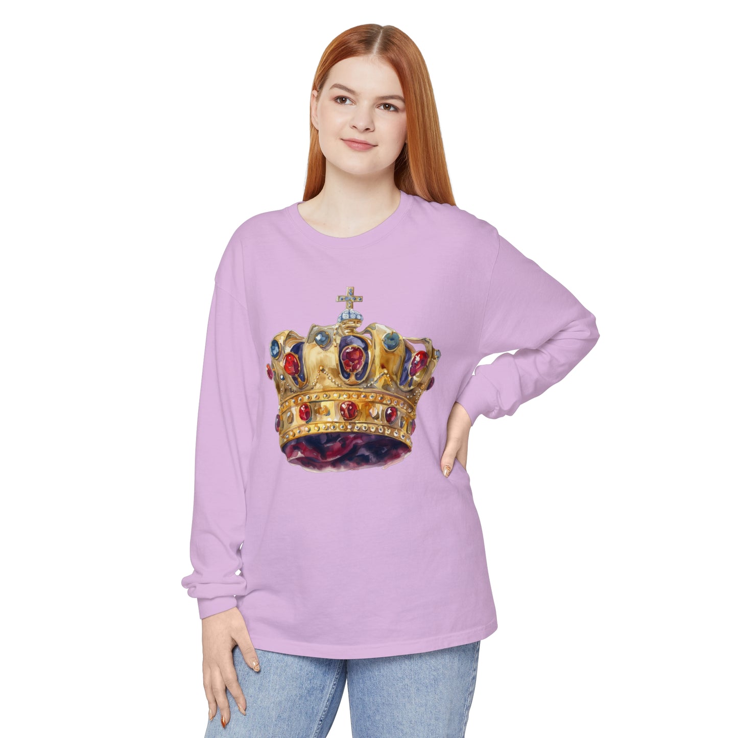 Unisex Garment-dyed Long Sleeve T-Shirt - British Royal Crown Design - Iconic Symbol of Monarchy