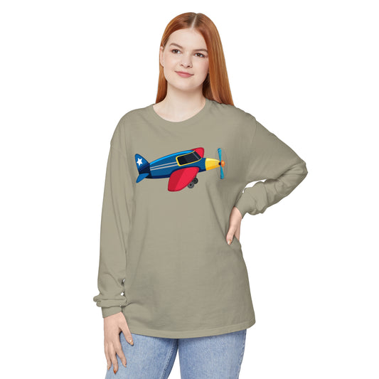 Unisex Garment-dyed Long Sleeve T-Shirt - Colorful Vintage Airplane Illustration