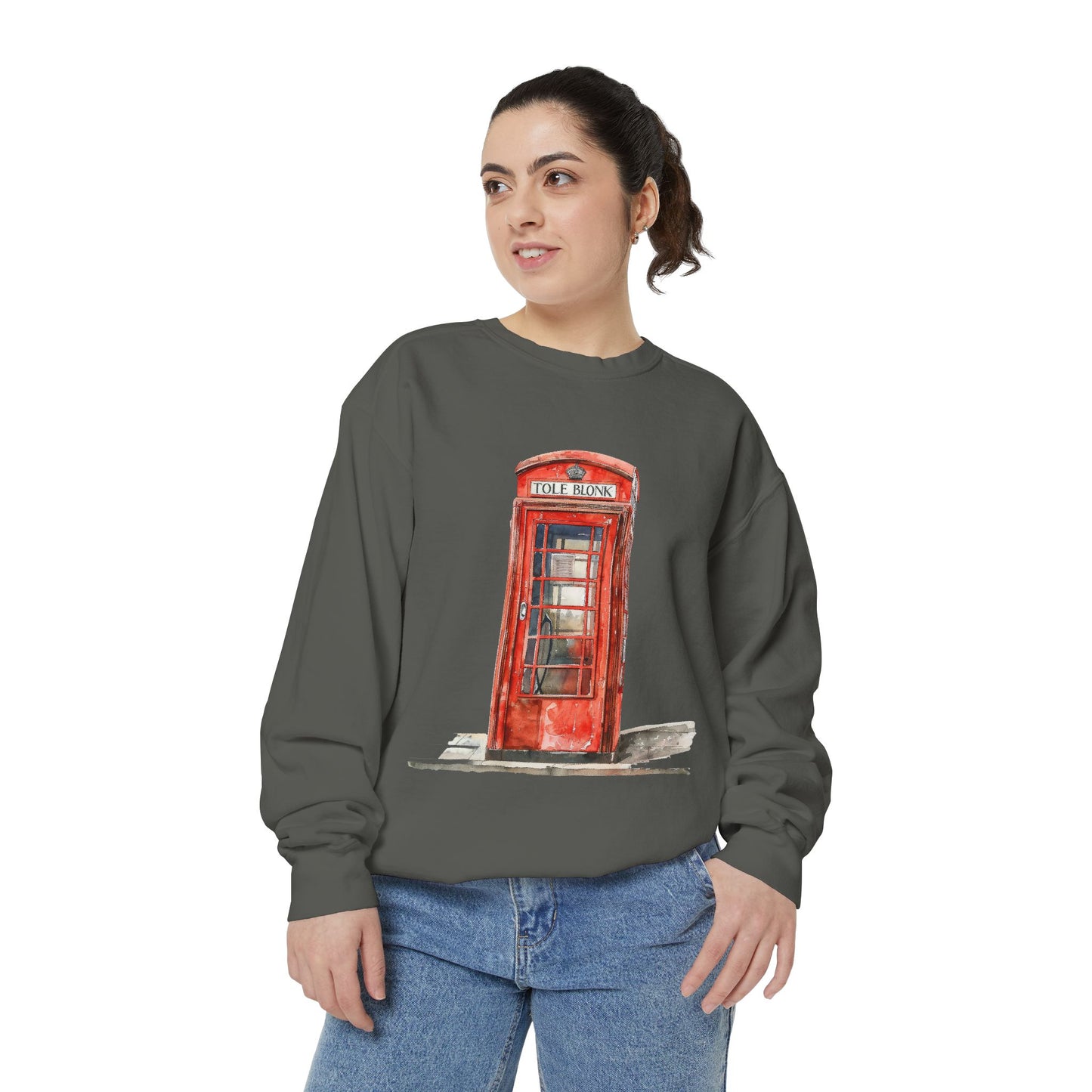Unisex Garment-Dyed Sweatshirt - Iconic British Public Telephone - Classic Red Phone Box Design