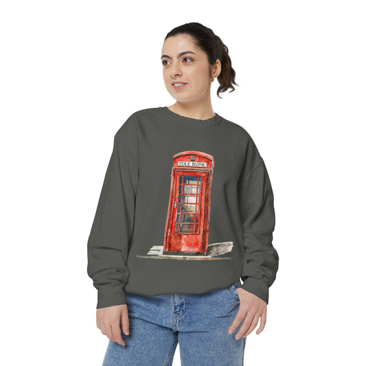 Unisex Garment-Dyed Sweatshirt - Iconic British Public Telephone - Classic Red Phone Box Design