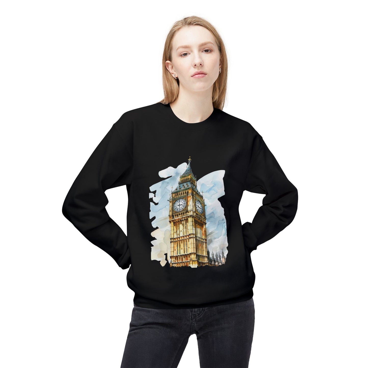 Unisex Midweight Softstyle Fleece Crewneck Sweatshirt - Towering Time - Big Ben and British Heritage