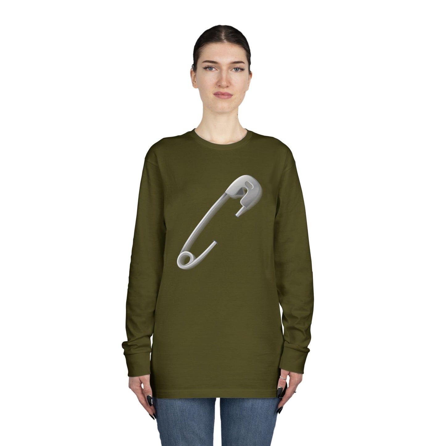 Long Sleeve Crewneck Tee - Minimalist Safety Pin Design