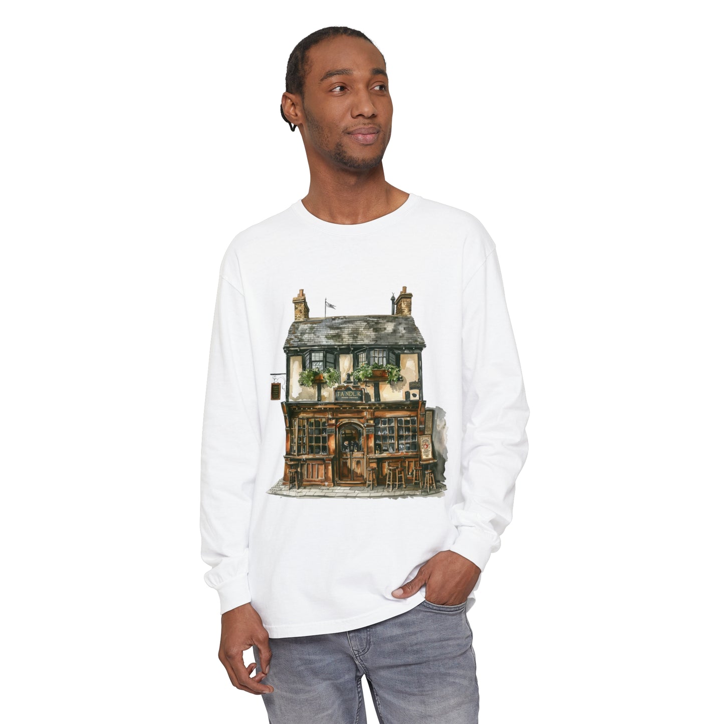 Unisex Garment-dyed Long Sleeve T-Shirt - Charming British House - Classic Design and Warmth