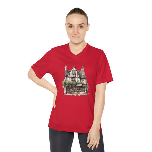WomenPerformance V-Neck T-Shirt - Rustic Vintage England House Artwork