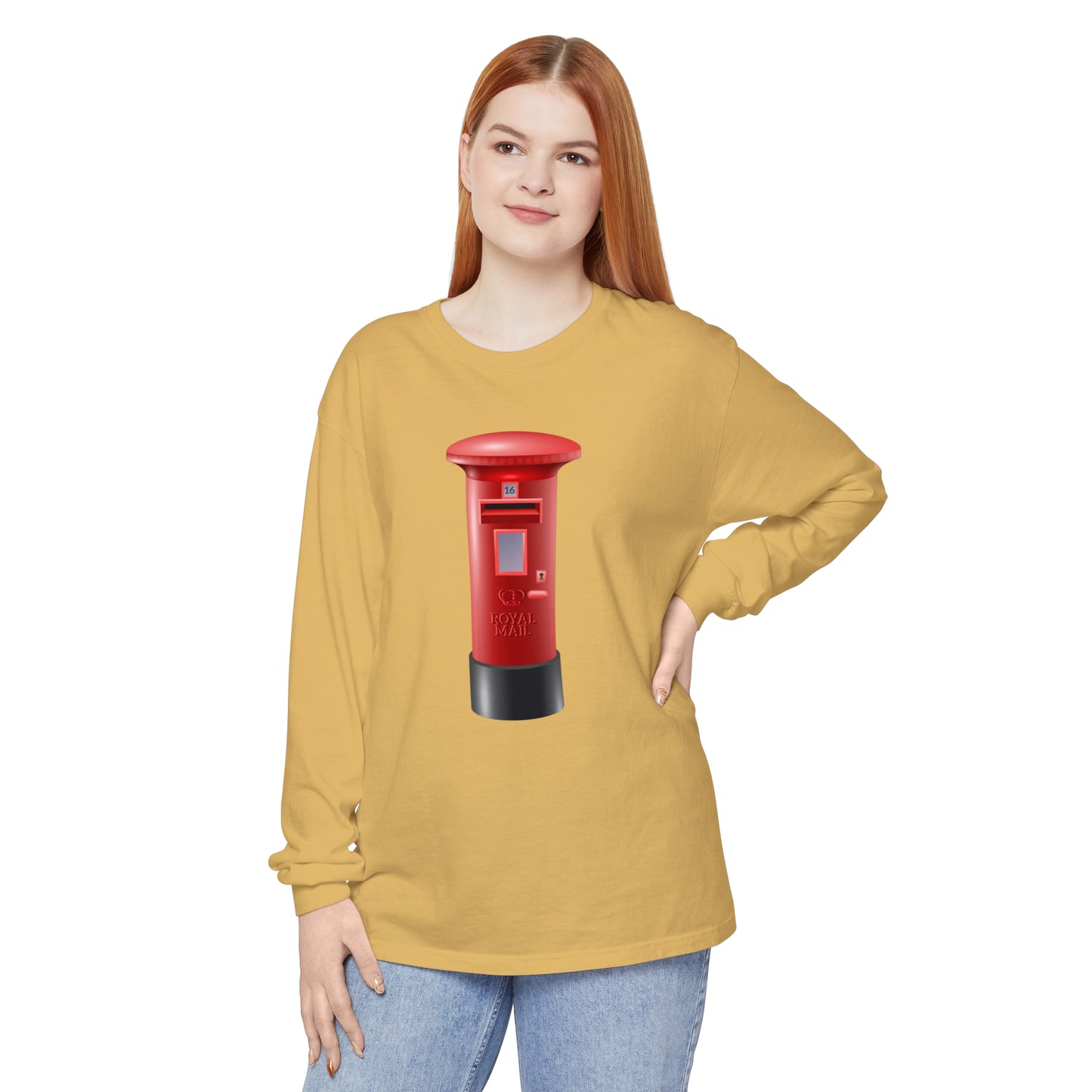 Unisex Garment-dyed Long Sleeve T-Shirt - Classic UK Royal Mailbox Design - British Postbox Icon