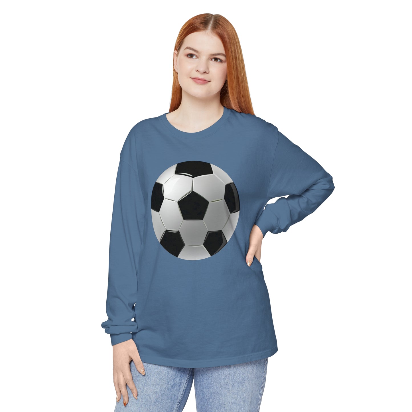 Unisex Garment-dyed Long Sleeve T-Shirt - Dynamic Football Design - Sports Passion and Energy