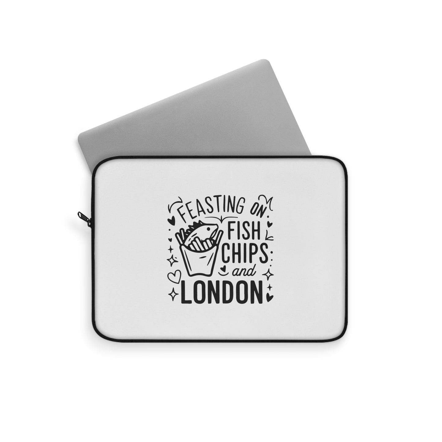 Feasting on Fish and Chips Laptop Sleeve | London Gift, Travel Accessory, Computer Case, Personalized Tech Bag, Unique Present