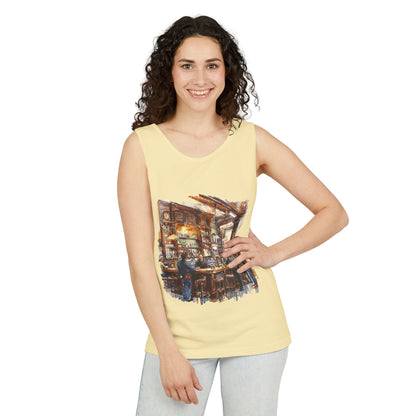 Unisex Garment-Dyed Tank Top - Cozy British Pub - London Watercolor Illustration
