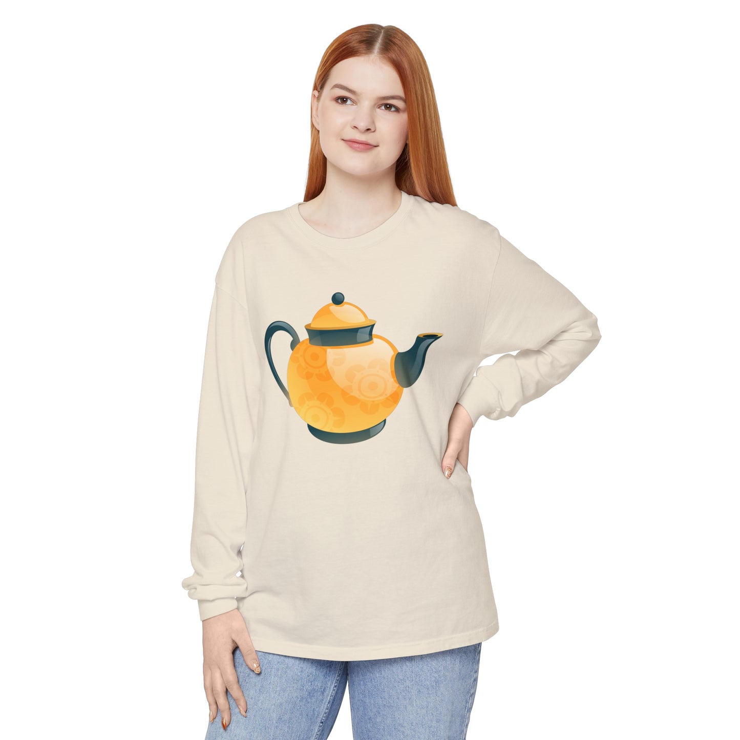 Unisex Garment-dyed Long Sleeve T-Shirt - Classic British Tea Kettle - Timeless Elegance in Tea Time
