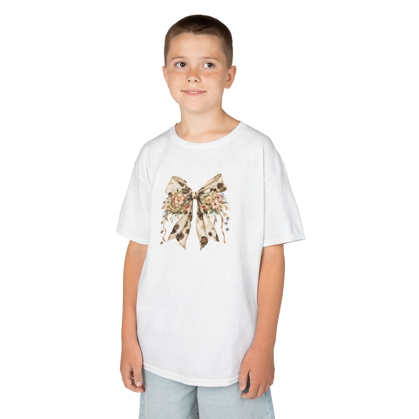 Kids Heavy Cotton™ Tee - Elegant Cowhide Ribbon Bow with Wildflower Bouquet - Perfect for Birthdays and Everyday Fun