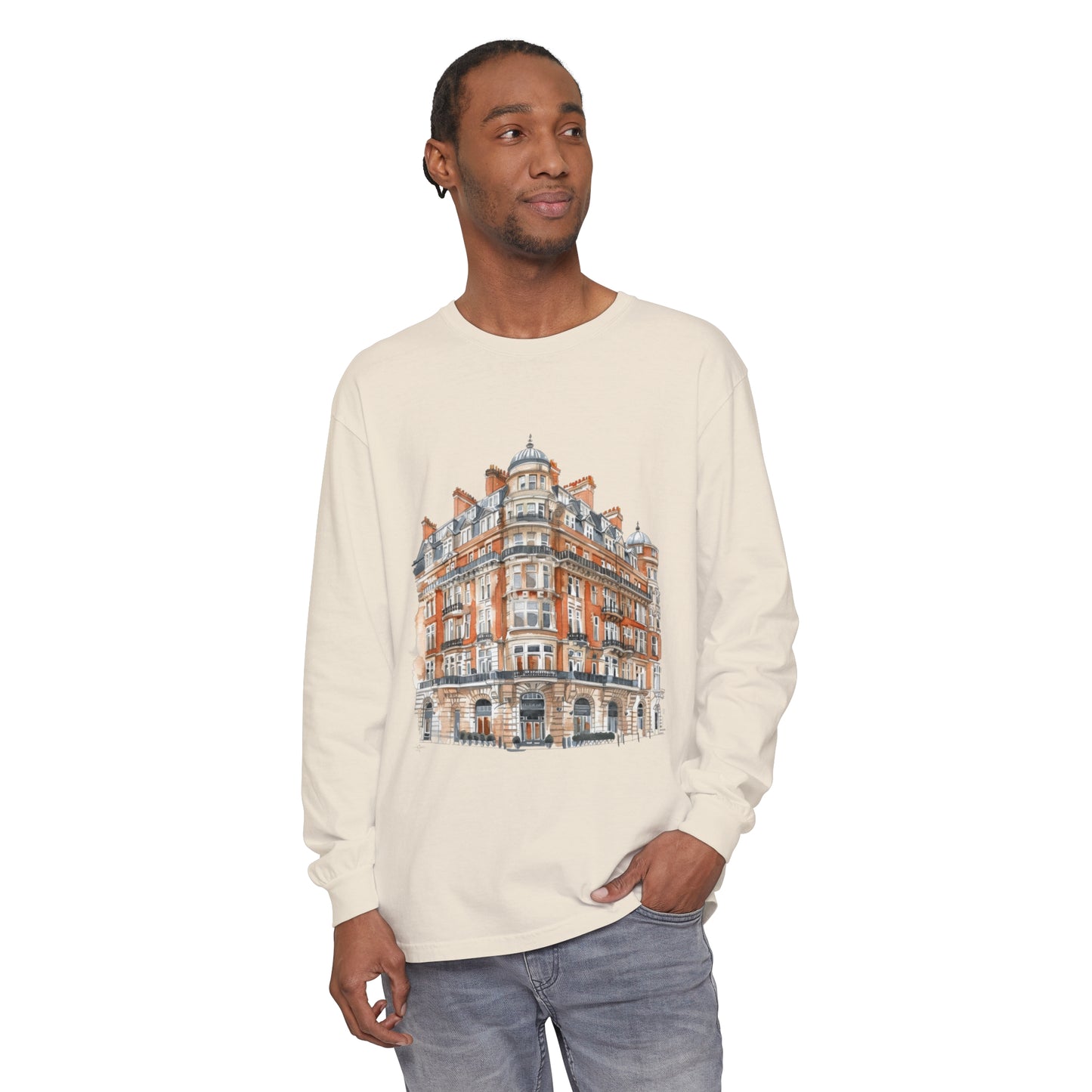 Unisex Garment-dyed Long Sleeve T-Shirt - Classic British Architecture - Elegant Historic Building